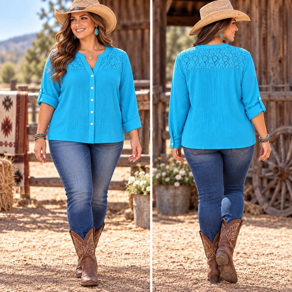 Kim Rogers Size 2X Teal Blue Lace Yoke Roll Tab Button Down Gauze Top Plus